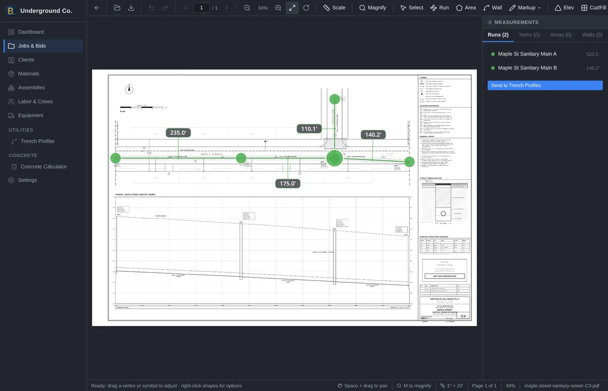 A sanitary sewer plan and profile sheet open in BidSheet with two pipe runs traced in green and segment callouts reading 235.0 feet, 110.1 feet, 175.0 feet, and 140.2 feet.